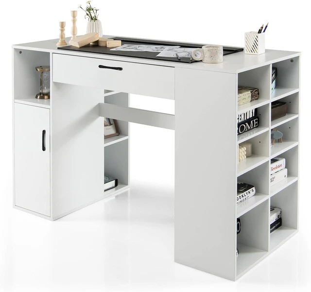 Main image of Craft Table with Storage, Artwork Sewing Table 14 Large & Small Storage Compartments, 1 Sliding Drawer, 1 Cabinet with 2 Shelves, 36' Counter Height Drafting Writing Sewing Station Desk