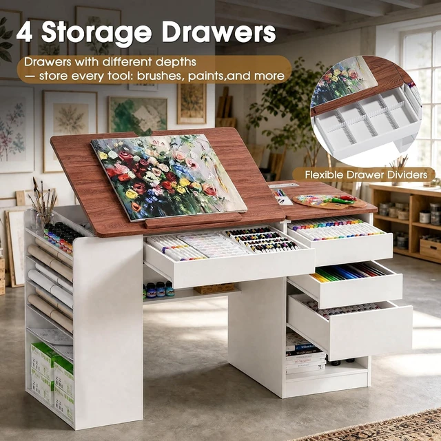 Alt view image 6 of 7 - Adjustable Drafting Table with Storage & Removable Shelves | 0°-80° Tiltable Drawing Board, 4 Tilted & Removable Side Shelves, Built-in Charging Station, for Drawing, Crafting, Working