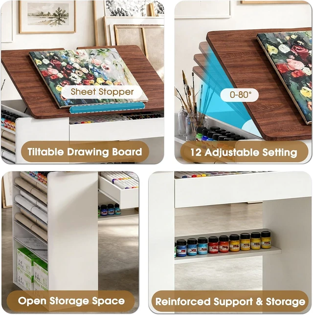 Alt view image 5 of 7 - Adjustable Drafting Table with Storage & Removable Shelves | 0°-80° Tiltable Drawing Board, 4 Tilted & Removable Side Shelves, Built-in Charging Station, for Drawing, Crafting, Working