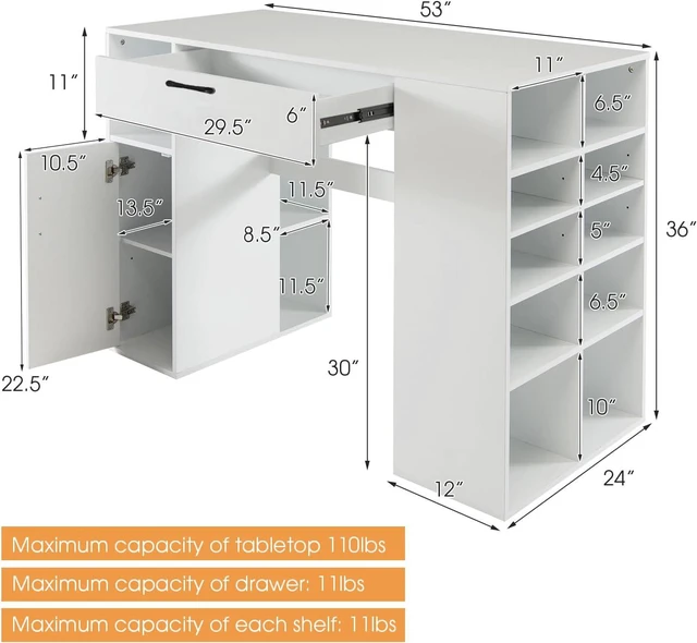 Alt view image 3 of 7 - Craft Table with Storage, Artwork Sewing Table 14 Large & Small Storage Compartments, 1 Sliding Drawer, 1 Cabinet with 2 Shelves, 36' Counter Height Drafting Writing Sewing Station Desk