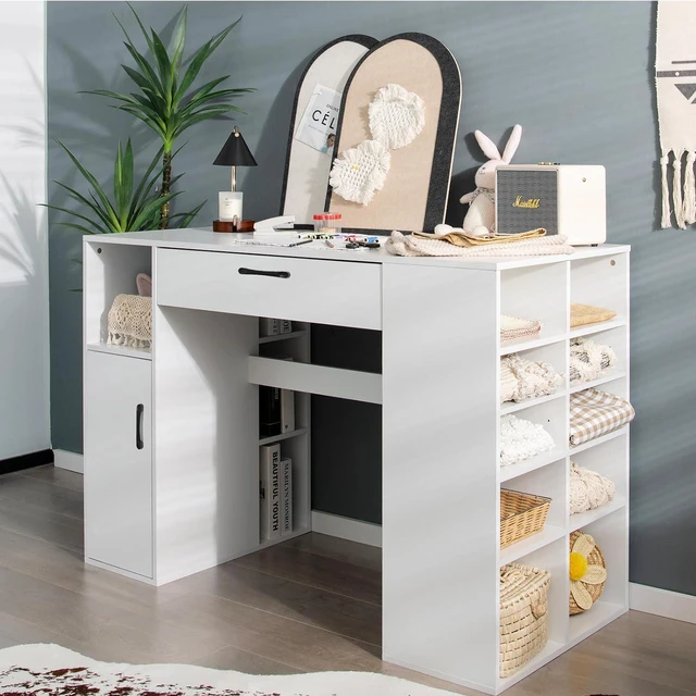Alt view image 2 of 7 - Craft Table with Storage, Artwork Sewing Table 14 Large & Small Storage Compartments, 1 Sliding Drawer, 1 Cabinet with 2 Shelves, 36' Counter Height Drafting Writing Sewing Station Desk