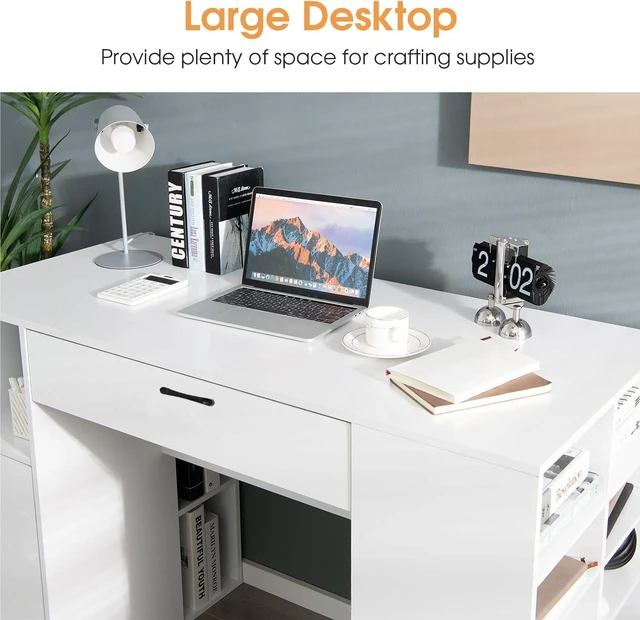 Alt view image 6 of 7 - Craft Table with Storage, Artwork Sewing Table 14 Large & Small Storage Compartments, 1 Sliding Drawer, 1 Cabinet with 2 Shelves, 36' Counter Height Drafting Writing Sewing Station Desk