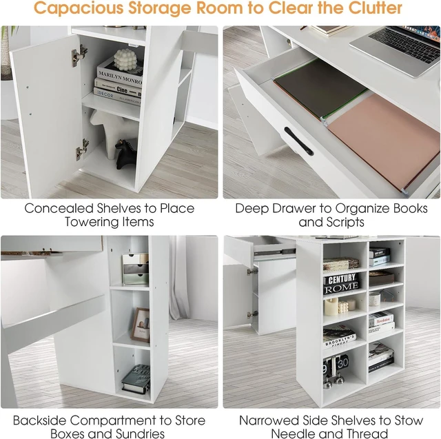 Alt view image 5 of 7 - Craft Table with Storage, Artwork Sewing Table 14 Large & Small Storage Compartments, 1 Sliding Drawer, 1 Cabinet with 2 Shelves, 36' Counter Height Drafting Writing Sewing Station Desk
