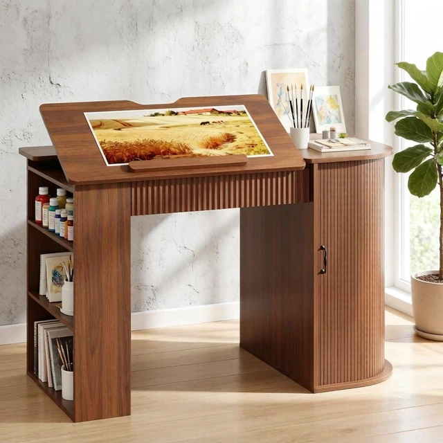Main image of Drafting Table with Storage Cabinet & Drawers, Adjustable Drawing Table with Open Shelves, Crafting Table Art Desk for Home Office, Reading, Writing, Crafting, Painting