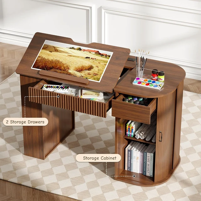 Alt view image 3 of 7 - Drafting Table with Storage Cabinet & Drawers, Adjustable Drawing Table with Open Shelves, Crafting Table Art Desk for Home Office, Reading, Writing, Crafting, Painting