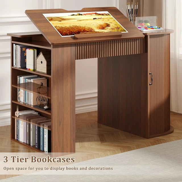 Alt view image 5 of 7 - Drafting Table with Storage Cabinet & Drawers, Adjustable Drawing Table with Open Shelves, Crafting Table Art Desk for Home Office, Reading, Writing, Crafting, Painting