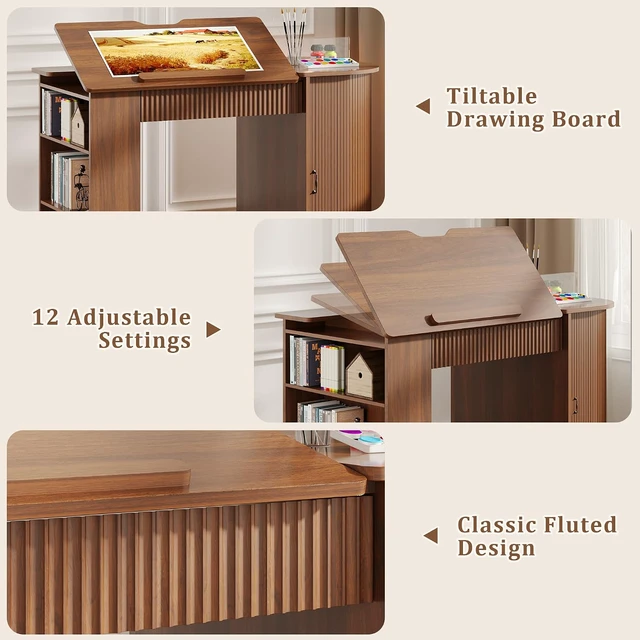 Alt view image 6 of 7 - Drafting Table with Storage Cabinet & Drawers, Adjustable Drawing Table with Open Shelves, Crafting Table Art Desk for Home Office, Reading, Writing, Crafting, Painting