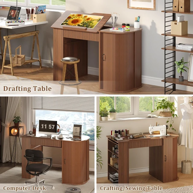 Alt view image 7 of 7 - Drafting Table with Storage Cabinet & Drawers, Adjustable Drawing Table with Open Shelves, Crafting Table Art Desk for Home Office, Reading, Writing, Crafting, Painting
