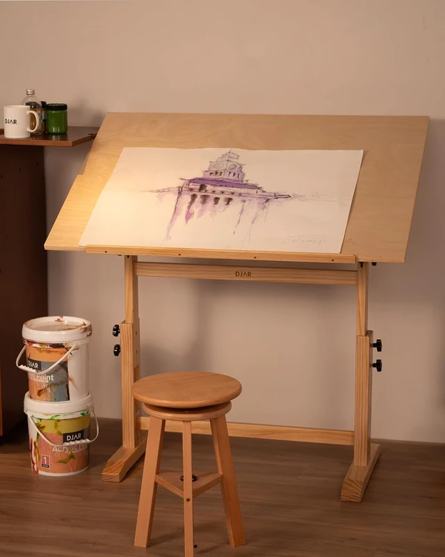 Alt view image 2 of 6 - 42x30 Adjustable Wooden Drafting Table & Art Drawing Desk, Natural | Large Tilting Desktop for Painting, Sketching & Writing, Sturdy Workspace for Professional Artists and Designers
