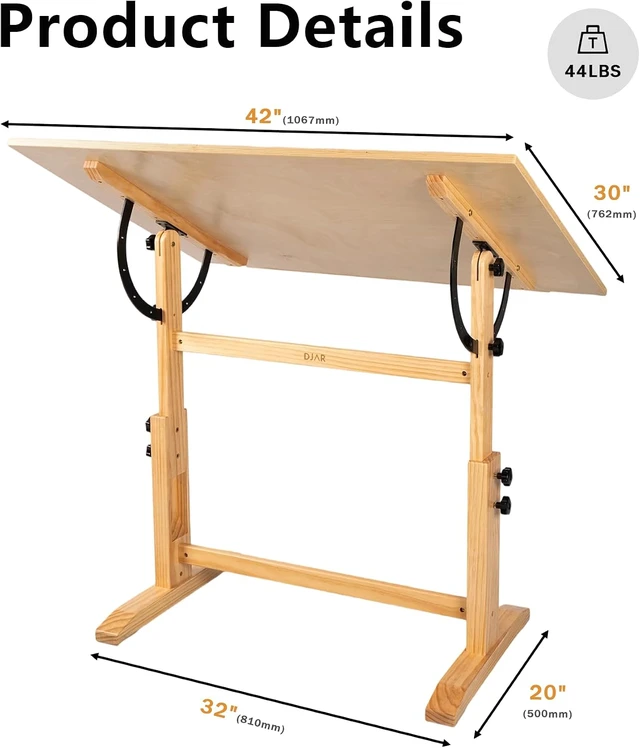 Alt view image 3 of 6 - 42x30 Adjustable Wooden Drafting Table & Art Drawing Desk, Natural | Large Tilting Desktop for Painting, Sketching & Writing, Sturdy Workspace for Professional Artists and Designers