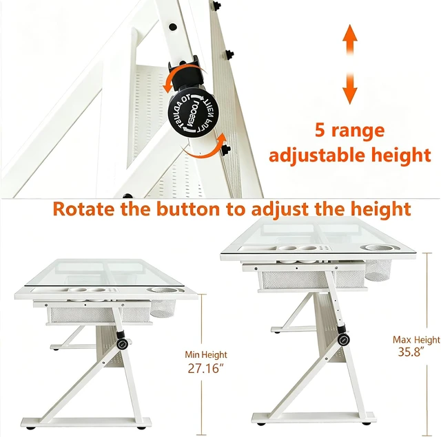 Alt view image 2 of 7 - Drafting Table with Storage & Stool, Tempered Glass, 0-75° Lockable Angle, 27.16" to 35.82" Adjustable Height, 40.15" x 23.62' Tabletop, 2 Drawers and Shelf, Tilted Writing Drawing Table, White
