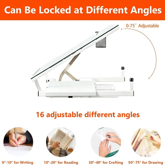 Alt view image 3 of 7 - Drafting Table with Storage & Stool, Tempered Glass, 0-75° Lockable Angle, 27.16" to 35.82" Adjustable Height, 40.15" x 23.62' Tabletop, 2 Drawers and Shelf, Tilted Writing Drawing Table, White