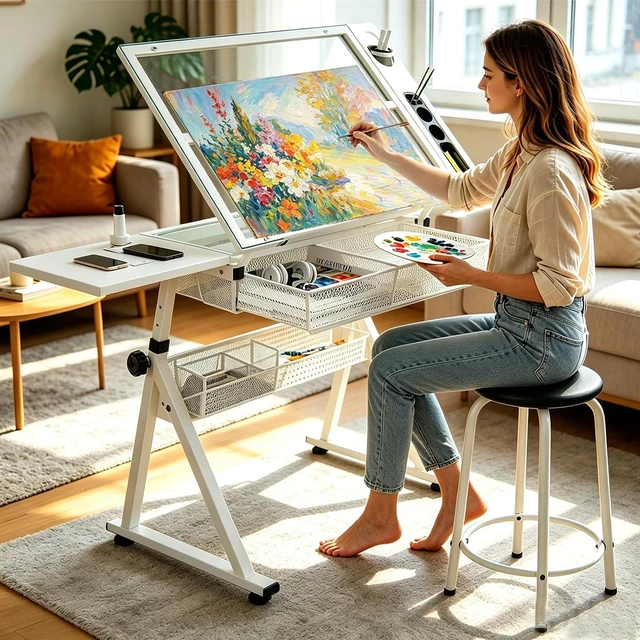 Main image of Drafting Table with Storage & Stool, Tempered Glass, 0-75° Lockable Angle, 27.16" to 35.82" Adjustable Height, 40.15" x 23.62' Tabletop, 2 Drawers and Shelf, Tilted Writing Drawing Table, White