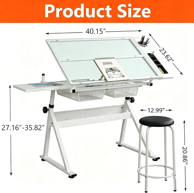 Alt view image 4 of 7 - Drafting Table with Storage & Stool, Tempered Glass, 0-75° Lockable Angle, 27.16" to 35.82" Adjustable Height, 40.15" x 23.62' Tabletop, 2 Drawers and Shelf, Tilted Writing Drawing Table, White