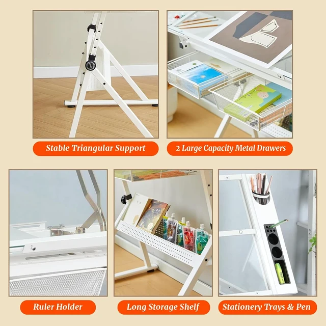 Alt view image 5 of 7 - Drafting Table with Storage & Stool, Tempered Glass, 0-75° Lockable Angle, 27.16" to 35.82" Adjustable Height, 40.15" x 23.62' Tabletop, 2 Drawers and Shelf, Tilted Writing Drawing Table, White