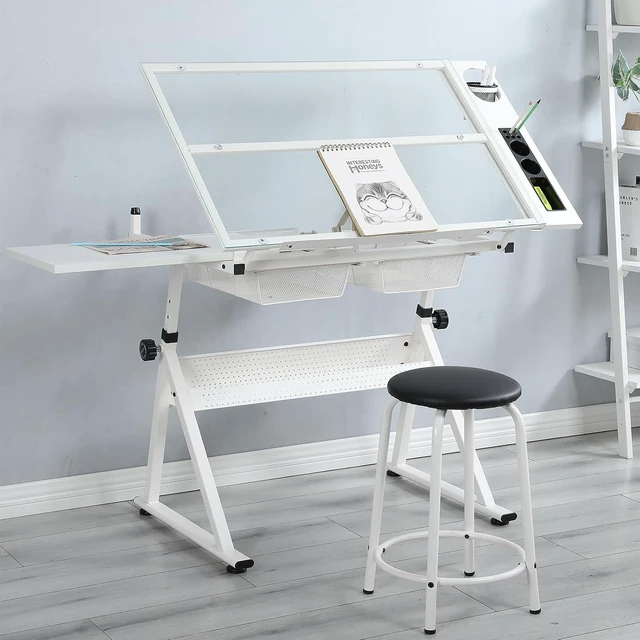Alt view image 7 of 7 - Drafting Table with Storage & Stool, Tempered Glass, 0-75° Lockable Angle, 27.16" to 35.82" Adjustable Height, 40.15" x 23.62' Tabletop, 2 Drawers and Shelf, Tilted Writing Drawing Table, White
