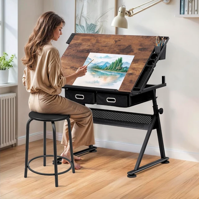 Alt view image 2 of 7 - Drafting Table Set with Charging Station, Height Adjustable Tilting Drawing Desk Artist Desk with Stool Multifunctional Art Craft Workstation with 2 Storage Drawers for Home Office School