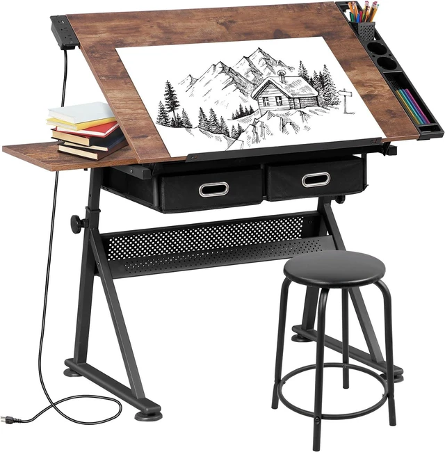 Main image of Drafting Table Set with Charging Station, Height Adjustable Tilting Drawing Desk Artist Desk with Stool Multifunctional Art Craft Workstation with 2 Storage Drawers for Home Office School