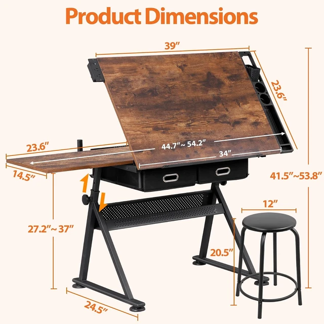 Alt view image 3 of 7 - Drafting Table Set with Charging Station, Height Adjustable Tilting Drawing Desk Artist Desk with Stool Multifunctional Art Craft Workstation with 2 Storage Drawers for Home Office School