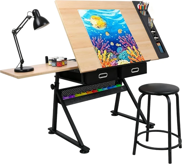 Main image of Drafting Table Art Desk with 2 Storage Drawers, Height Adjustable Drawing Table for Painters, Working, Writing, Home Office, Natural