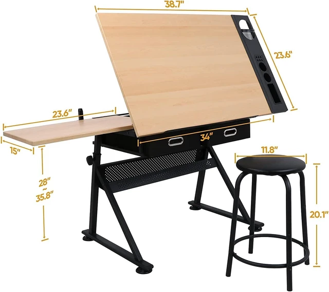 Alt view image 3 of 7 - Drafting Table Art Desk with 2 Storage Drawers, Height Adjustable Drawing Table for Painters, Working, Writing, Home Office, Natural
