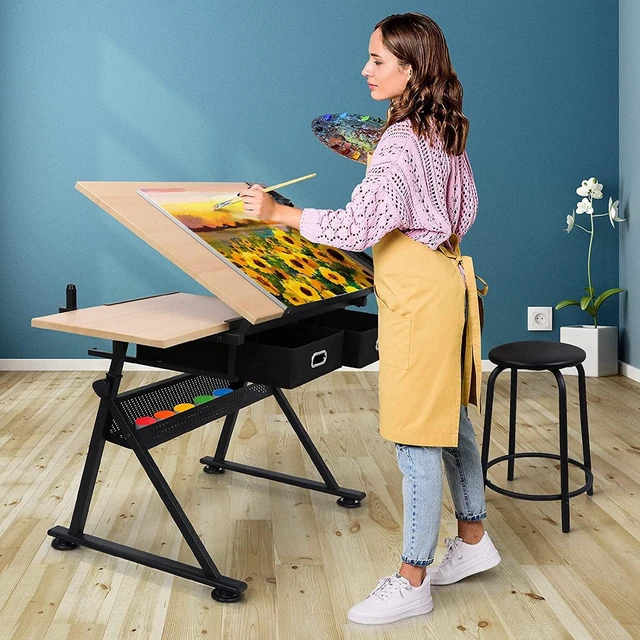 Alt view image 6 of 7 - Drafting Table Art Desk with 2 Storage Drawers, Height Adjustable Drawing Table for Painters, Working, Writing, Home Office, Natural