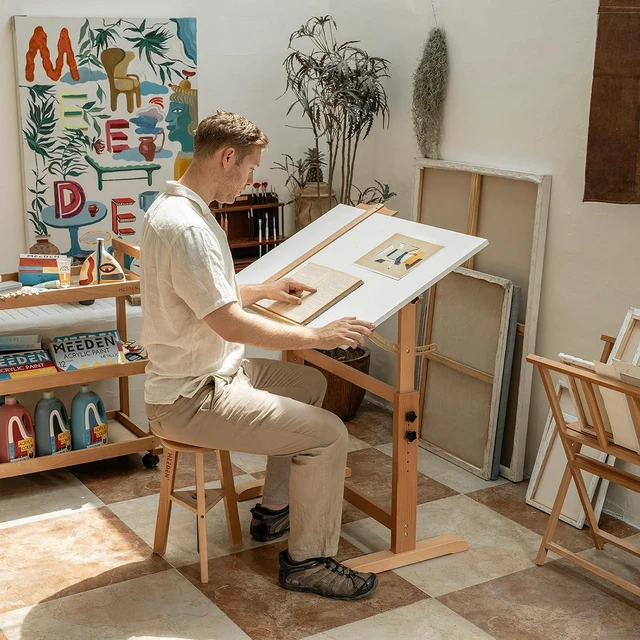 Alt view image 2 of 6 - White Adjustable Drafting Table: 35.5" x 23.5" Art Drawing Desk with Height Adjustment - Solid Beech Wood Craft Painting Table - Large Tilting Table for Adults Artists Writing Working