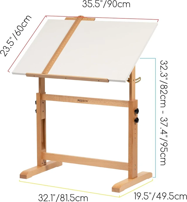 Alt view image 3 of 6 - White Adjustable Drafting Table: 35.5" x 23.5" Art Drawing Desk with Height Adjustment - Solid Beech Wood Craft Painting Table - Large Tilting Table for Adults Artists Writing Working