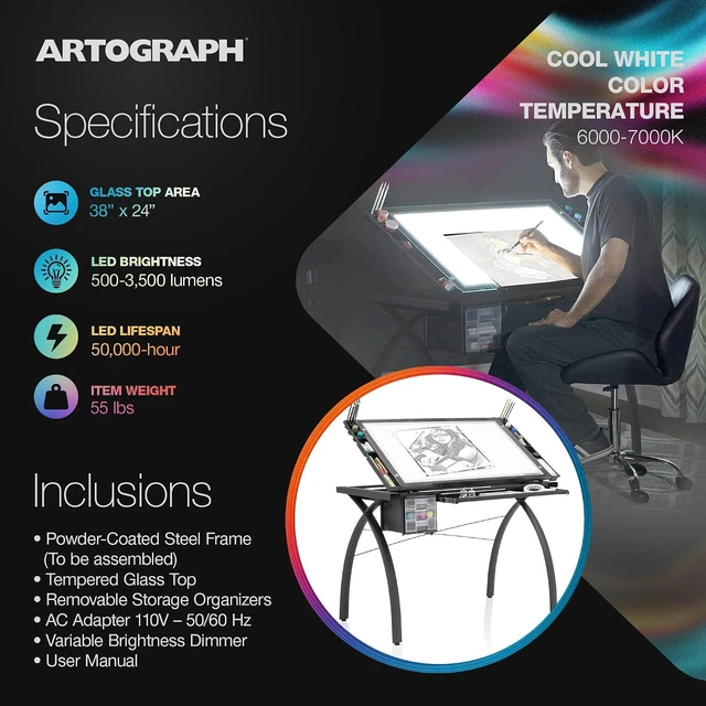 Alt view image 4 of 7 - Light Tracing Table for Artists with Storage and Adjustable Stand, Dimmable Night Glass Work Top