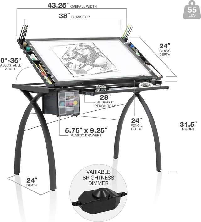 Alt view image 7 of 7 - Light Tracing Table for Artists with Storage and Adjustable Stand, Dimmable Night Glass Work Top