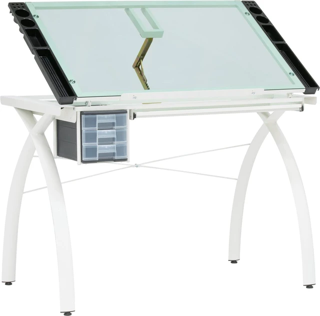 Main image of Futura Craft & Drawing Table with Adjustable Tempered Safety Glass Top Modern Art Desk with Storage Drawers, Pencil Ledge, Matte Ivory/Sea Green Glass