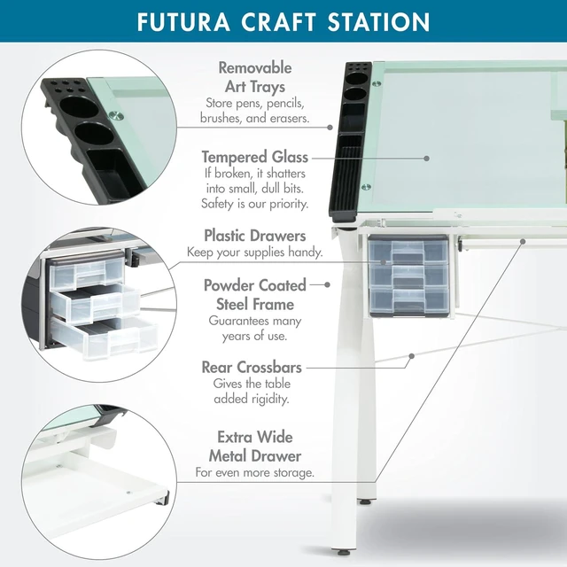 Alt view image 3 of 7 - Futura Craft & Drawing Table with Adjustable Tempered Safety Glass Top Modern Art Desk with Storage Drawers, Pencil Ledge, Matte Ivory/Sea Green Glass