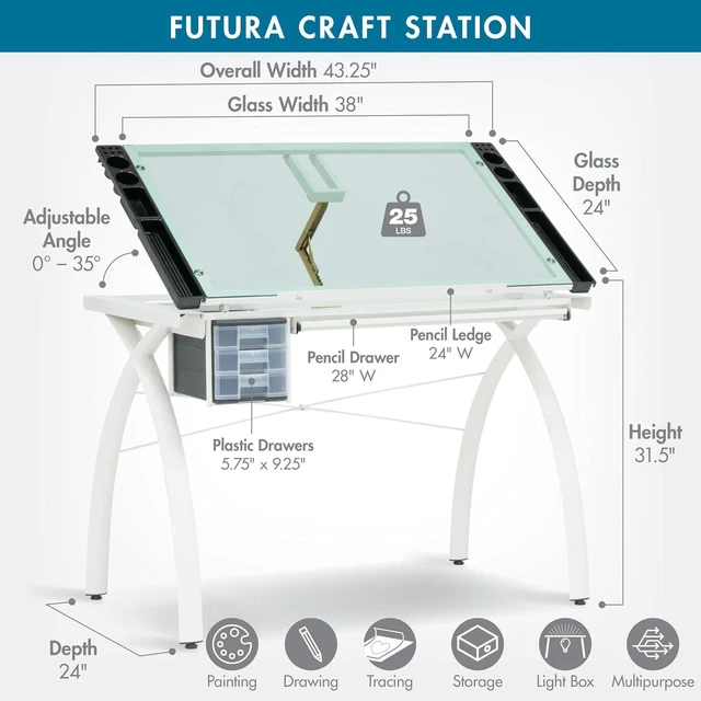 Alt view image 2 of 7 - Futura Craft & Drawing Table with Adjustable Tempered Safety Glass Top Modern Art Desk with Storage Drawers, Pencil Ledge, Matte Ivory/Sea Green Glass