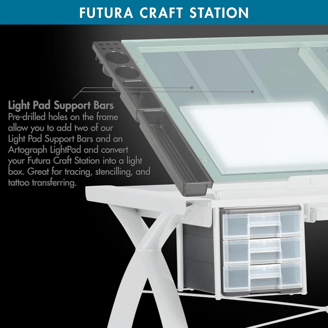 Alt view image 4 of 7 - Futura Craft & Drawing Table with Adjustable Tempered Safety Glass Top Modern Art Desk with Storage Drawers, Pencil Ledge, Matte Ivory/Sea Green Glass