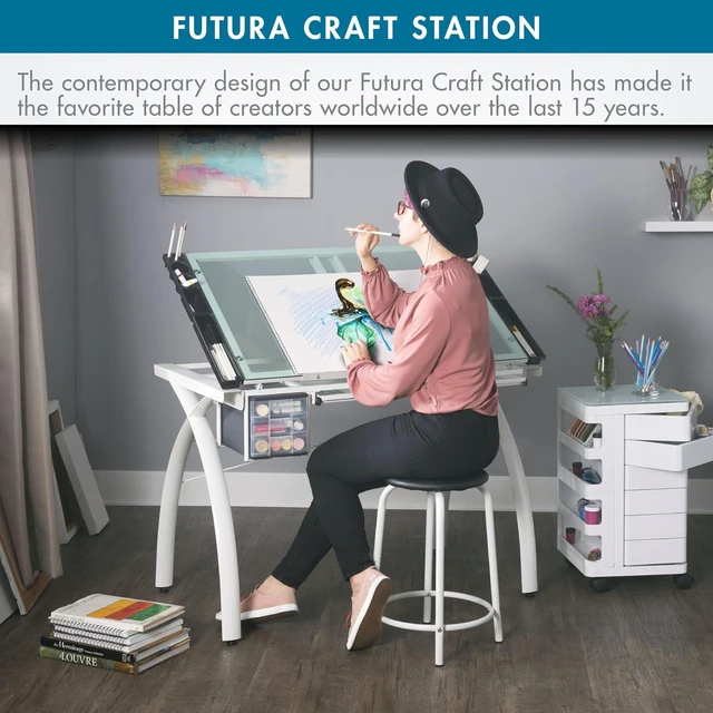 Alt view image 5 of 7 - Futura Craft & Drawing Table with Adjustable Tempered Safety Glass Top Modern Art Desk with Storage Drawers, Pencil Ledge, Matte Ivory/Sea Green Glass