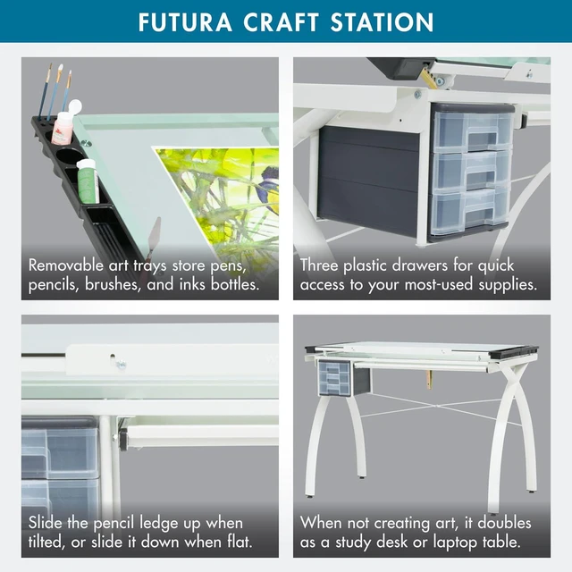 Alt view image 6 of 7 - Futura Craft & Drawing Table with Adjustable Tempered Safety Glass Top Modern Art Desk with Storage Drawers, Pencil Ledge, Matte Ivory/Sea Green Glass