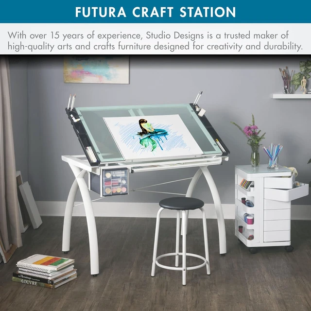 Alt view image 7 of 7 - Futura Craft & Drawing Table with Adjustable Tempered Safety Glass Top Modern Art Desk with Storage Drawers, Pencil Ledge, Matte Ivory/Sea Green Glass
