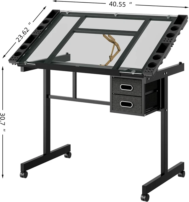 Alt view image 2 of 7 - Rolling Drafting Table on Wheels, Painting Table Art Craft Desk Crafting Table with Tilting Transparent Tempered Glass Top, 2 Fabric Storage Drawers and 4 Wheels (Black)