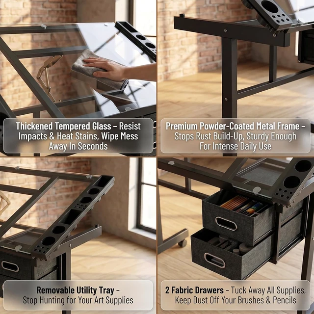 Alt view image 3 of 7 - Rolling Drafting Table on Wheels, Painting Table Art Craft Desk Crafting Table with Tilting Transparent Tempered Glass Top, 2 Fabric Storage Drawers and 4 Wheels (Black)
