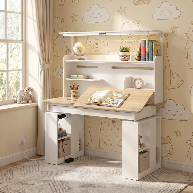 Main image of 55" Electric Standing Drafting Table with Lights and Tiltable Desktop, Height Adjustable Drawing Table with Memory Presets, Drawer and Side Shelves, White and Oak 55.1" W x 23.6" D x 63"-79" H