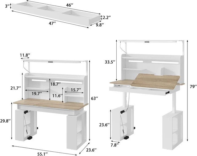 Alt view image 2 of 7 - 55" Electric Standing Drafting Table with Lights and Tiltable Desktop, Height Adjustable Drawing Table with Memory Presets, Drawer and Side Shelves, White and Oak 55.1" W x 23.6" D x 63"-79" H