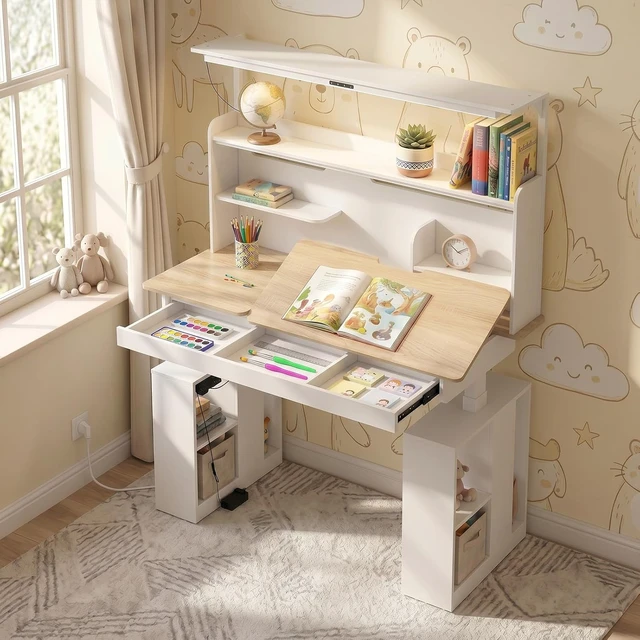 Alt view image 3 of 7 - 55" Electric Standing Drafting Table with Lights and Tiltable Desktop, Height Adjustable Drawing Table with Memory Presets, Drawer and Side Shelves, White and Oak 55.1" W x 23.6" D x 63"-79" H