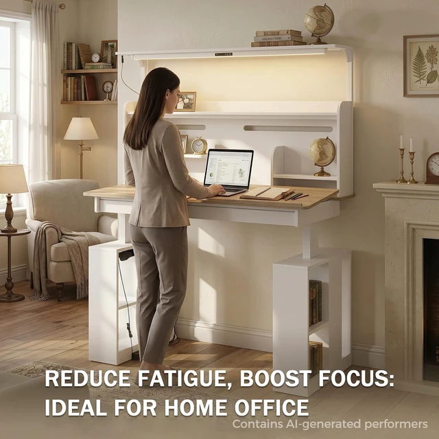 Alt view image 4 of 7 - 55" Electric Standing Drafting Table with Lights and Tiltable Desktop, Height Adjustable Drawing Table with Memory Presets, Drawer and Side Shelves, White and Oak 55.1" W x 23.6" D x 63"-79" H