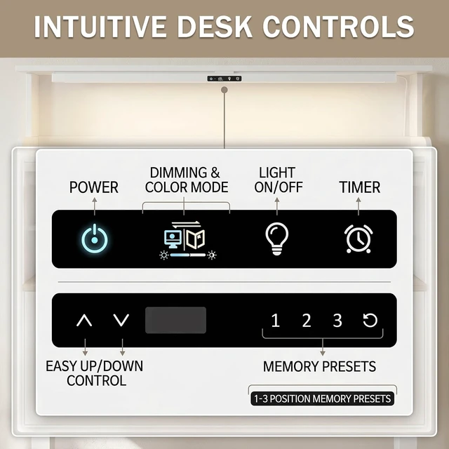 Alt view image 6 of 7 - 55" Electric Standing Drafting Table with Lights and Tiltable Desktop, Height Adjustable Drawing Table with Memory Presets, Drawer and Side Shelves, White and Oak 55.1" W x 23.6" D x 63"-79" H
