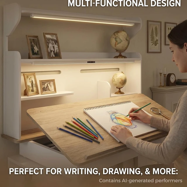 Alt view image 7 of 7 - 55" Electric Standing Drafting Table with Lights and Tiltable Desktop, Height Adjustable Drawing Table with Memory Presets, Drawer and Side Shelves, White and Oak 55.1" W x 23.6" D x 63"-79" H