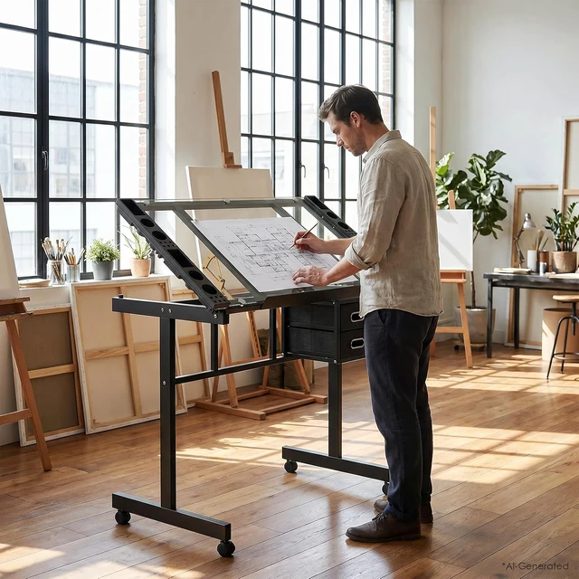 Alt view image 7 of 7 - Rolling Drafting Table on Wheels, Painting Table Art Craft Desk Crafting Table with Tilting Transparent Tempered Glass Top, 2 Fabric Storage Drawers and 4 Wheels (Black)