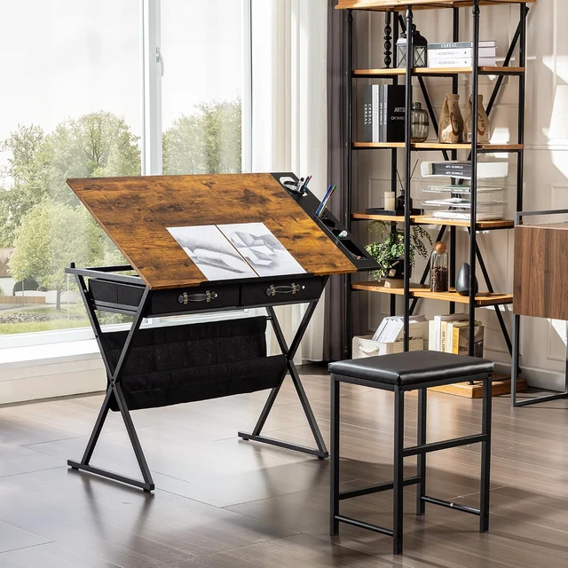 Alt view image 2 of 7 - Drafting Table Art Desk Art Table Adjustable Drawing Table Tilted Tabletop with 2 Storage Drawers and Stool, Drawing Desk for Artist Painters Drawing, Crafting, Reading, Writing, Rustic Brown