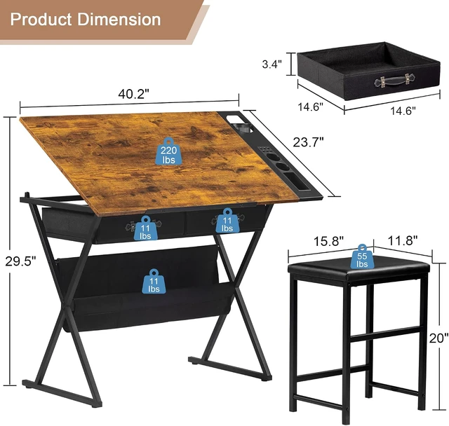 Alt view image 3 of 7 - Drafting Table Art Desk Art Table Adjustable Drawing Table Tilted Tabletop with 2 Storage Drawers and Stool, Drawing Desk for Artist Painters Drawing, Crafting, Reading, Writing, Rustic Brown