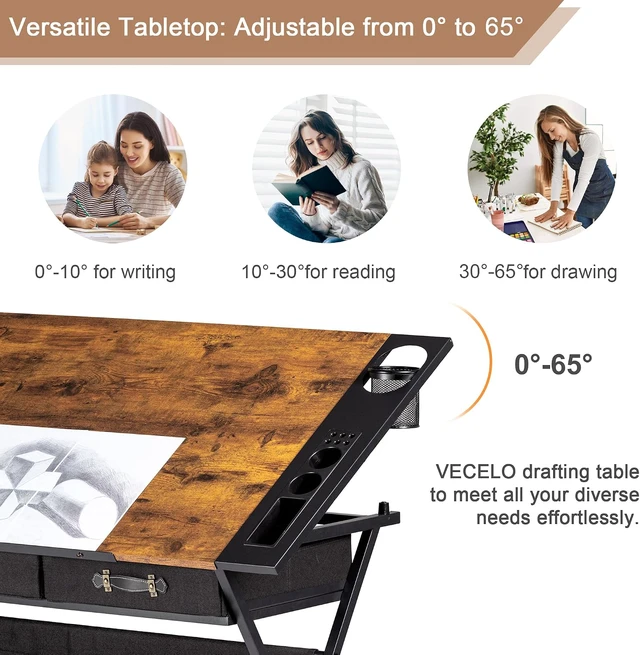 Alt view image 4 of 7 - Drafting Table Art Desk Art Table Adjustable Drawing Table Tilted Tabletop with 2 Storage Drawers and Stool, Drawing Desk for Artist Painters Drawing, Crafting, Reading, Writing, Rustic Brown