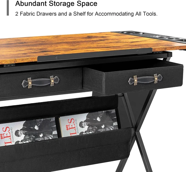 Alt view image 5 of 7 - Drafting Table Art Desk Art Table Adjustable Drawing Table Tilted Tabletop with 2 Storage Drawers and Stool, Drawing Desk for Artist Painters Drawing, Crafting, Reading, Writing, Rustic Brown